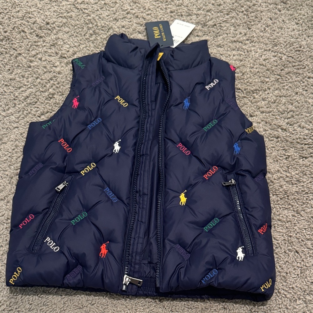 Polo Ralph Lauren Navy Puffer Down Vest with Multicolor Logo